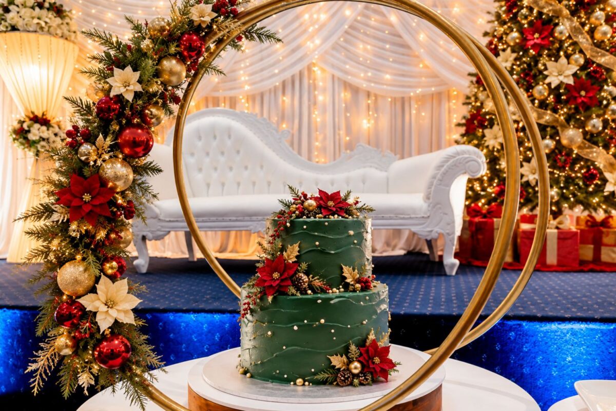 Christmas decorations Melbourne - decorated Christmas tree, garland and gold ring arch styling