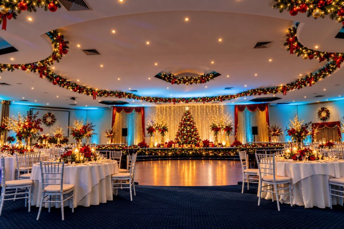 Christmas party function hall decorations with garlands, baubles and Christmas tree in Melbourne