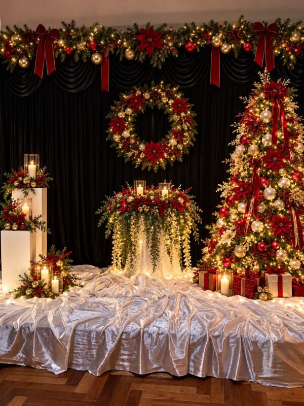 Christmas tree, wreath and candle centrepiece decorations by Makkah Decorators Melbourne